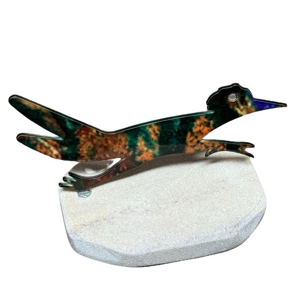 Southwest Enameled Metal Sculpture Roadrunner Sandstone Base 3" Decorative Bird - Picture 3 of 10